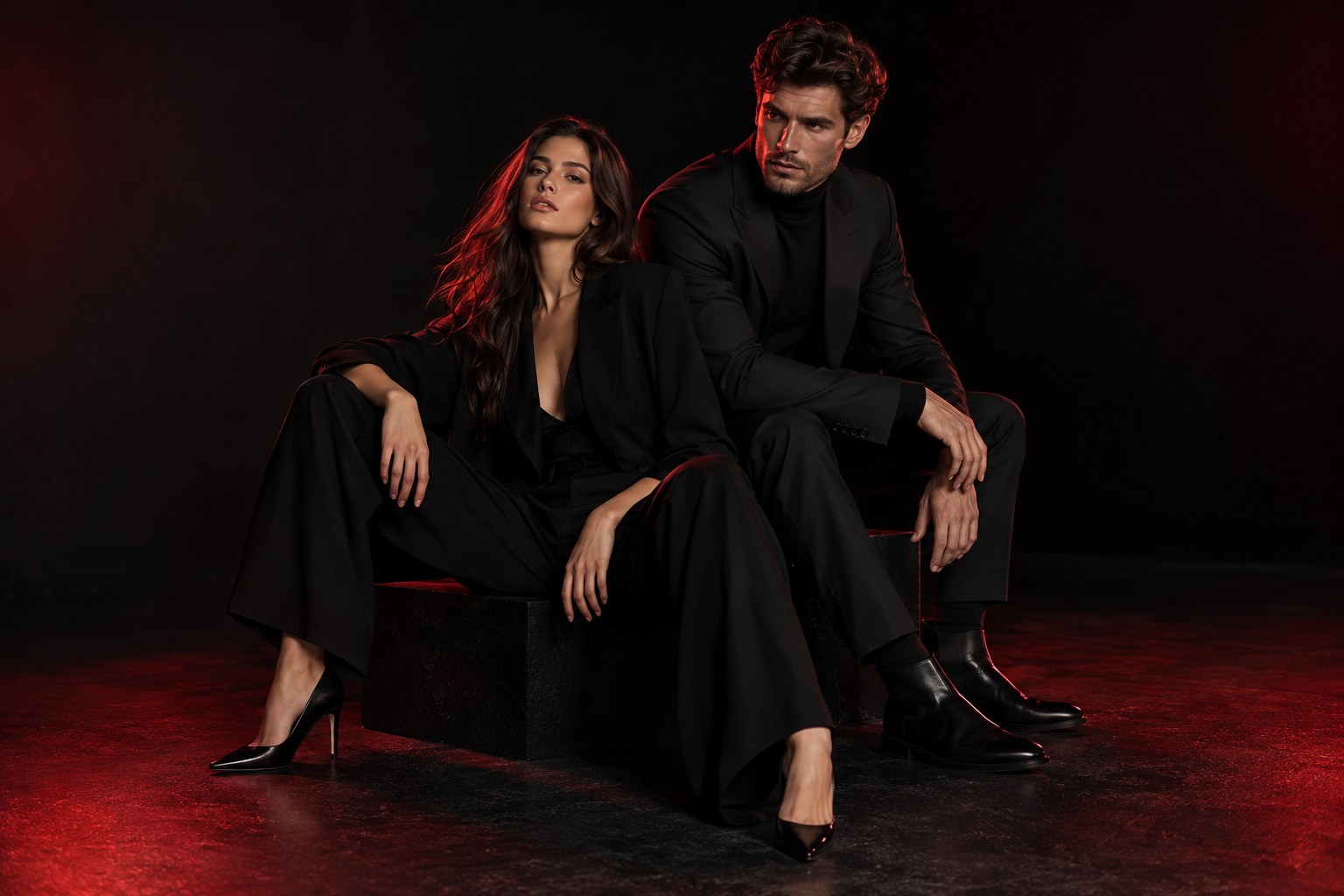 Fashion editorial with two models styled in black under red studio lighting